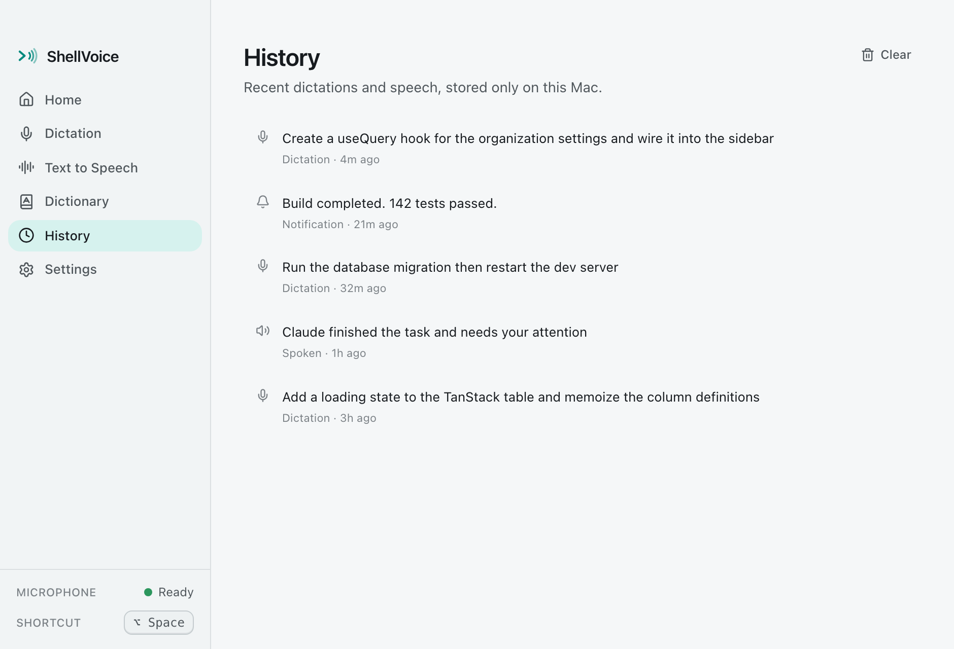 ShellVoice History screen listing recent dictations, spoken text and CLI notifications with timestamps, and a Clear button.