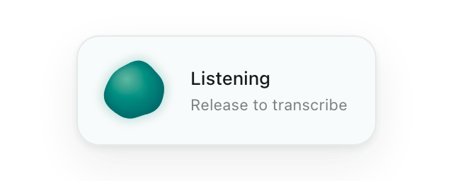 The floating ShellVoice overlay pill while listening: a small reacting voice field beside the words “Listening — Release to transcribe”.