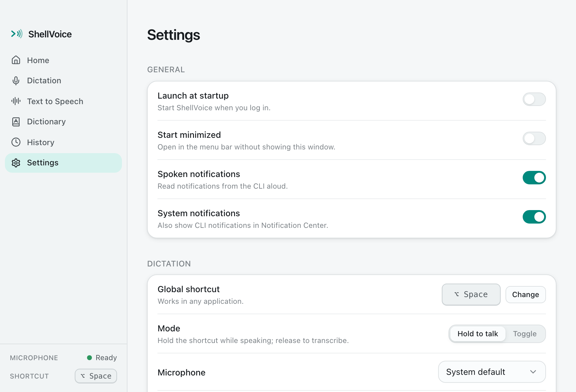 ShellVoice Settings scrolled to the Transcription and Custom dictionary sections: a local Whisper model picker and dictionary entries such as “use query → useQuery” and “tan stack → TanStack”.