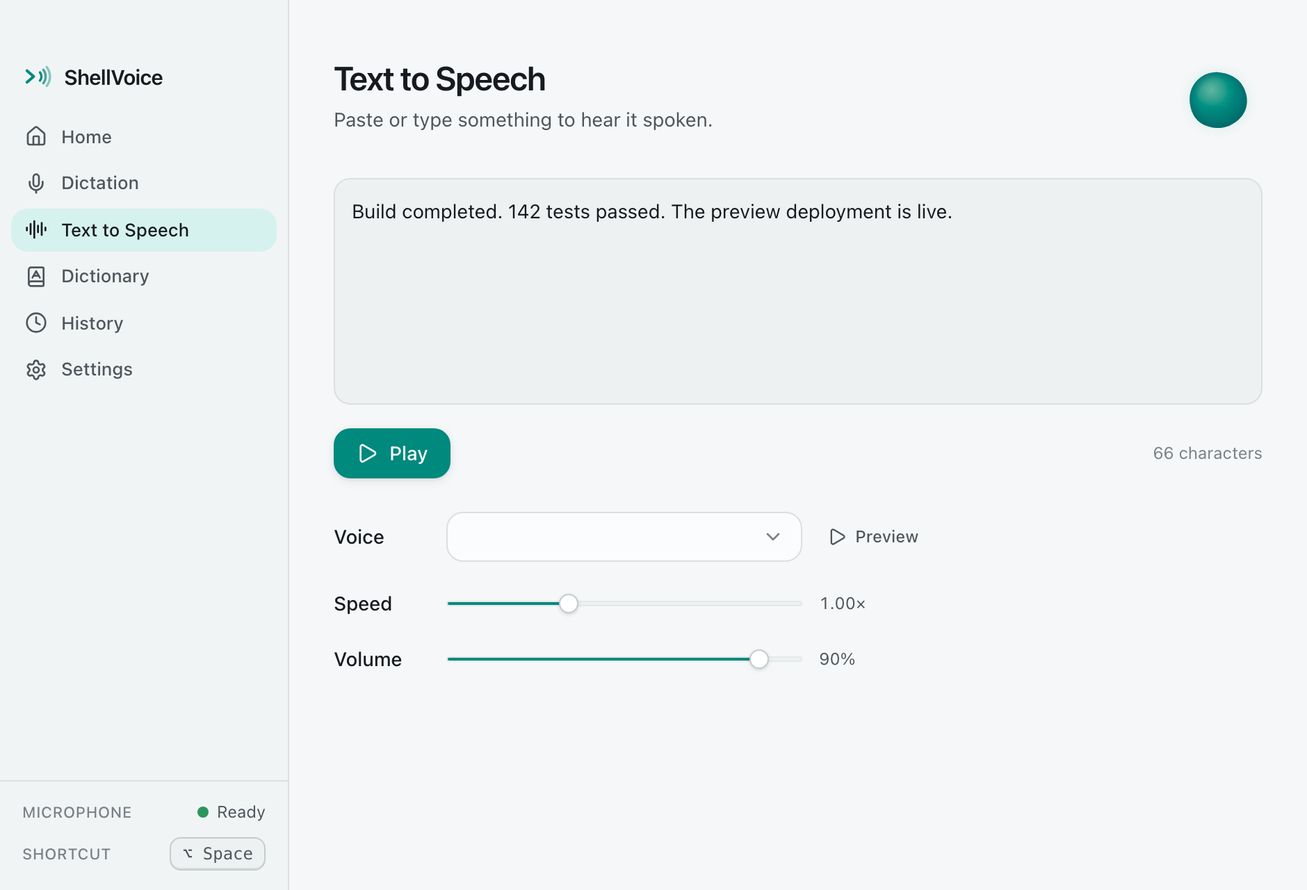 ShellVoice Text to Speech screen: a text box containing “Build completed. 142 tests passed. The preview deployment is live.”, a Play button, and Voice, Speed and Volume controls with the Nova voice selected.