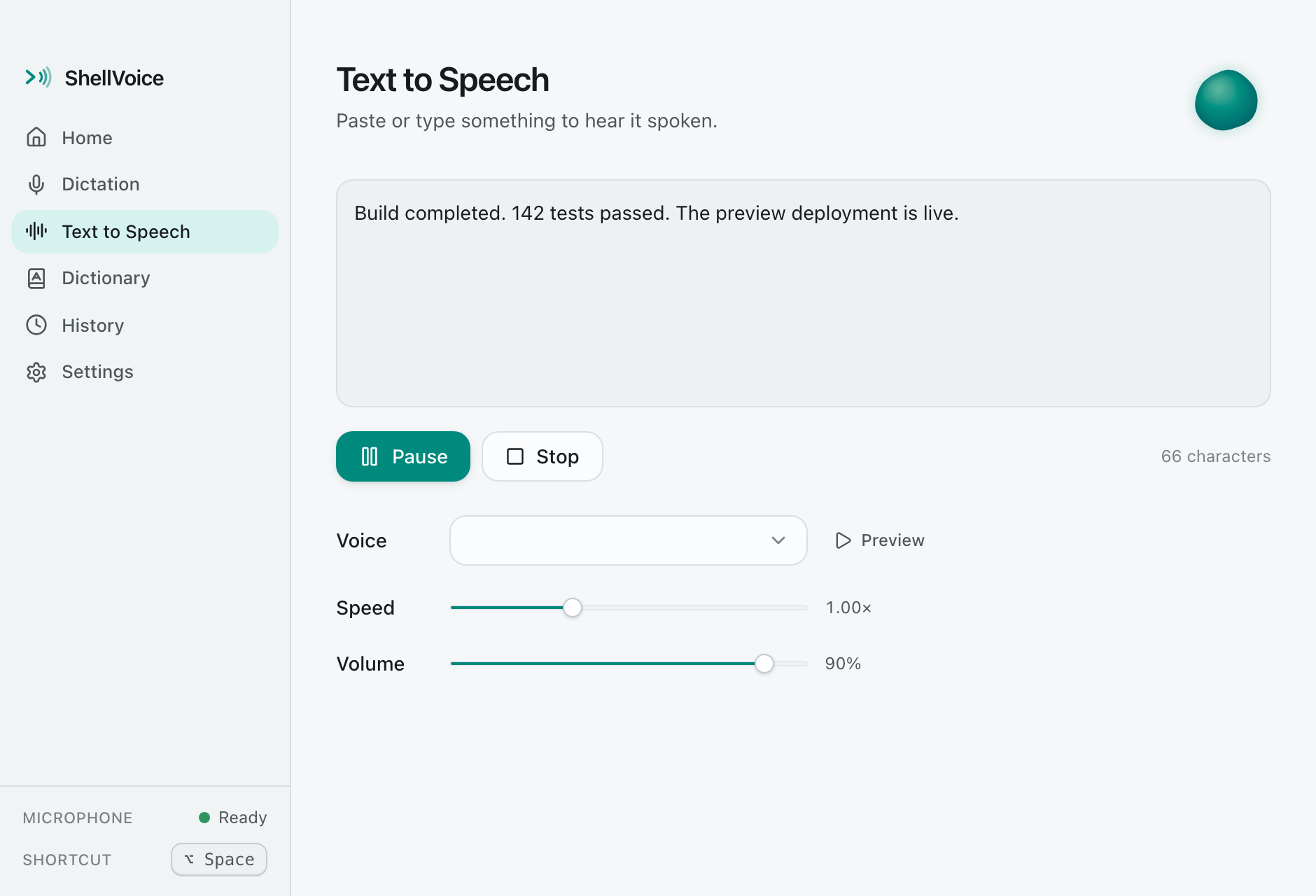 ShellVoice Text to Speech screen while speaking: Pause and Stop buttons, the Nova neural voice selected, speed at 1.00× and volume at 90%.